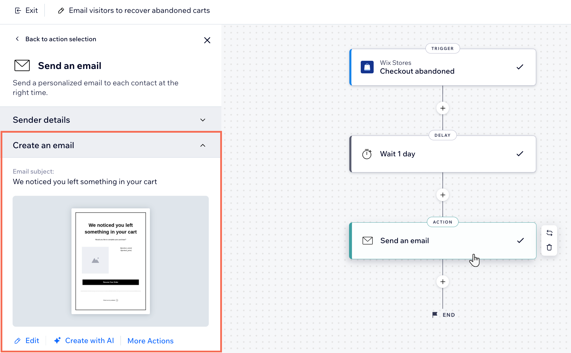 Editing the abandoned cart automation, clicking the 'send an email' action, highlighting the options to edit the email