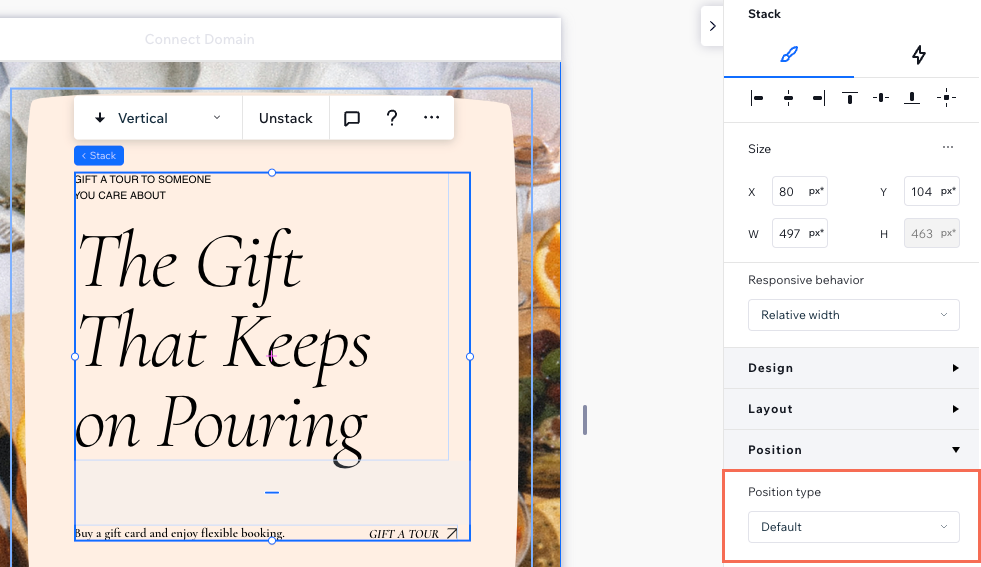 Screenshot of a stack element on the canvas, next to the Inspector panel. The stack position type is set to default