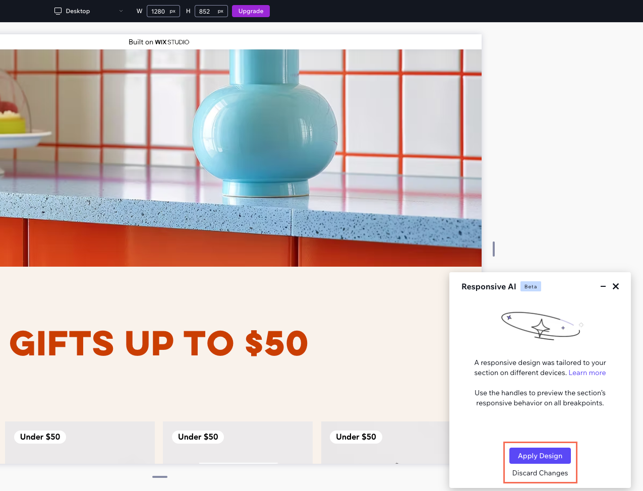 Uma captura de tela de uma visualização gerada pelo recurso de IA responsiva, destacando a opção de aplicar ou descartar as alterações