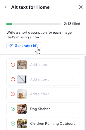 The accessibility wizard when adding alt text to a page, clicking 'generate' to have AI write alt text for all images