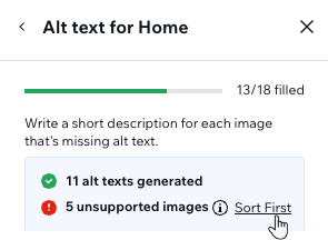 The accessibility wizard after generating AI alt text for all images on a page, clicking to show the unsupported images