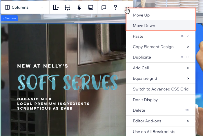 Selecting a section on the Studio Editor canvas and clicking the More Actions icon to move it up or down