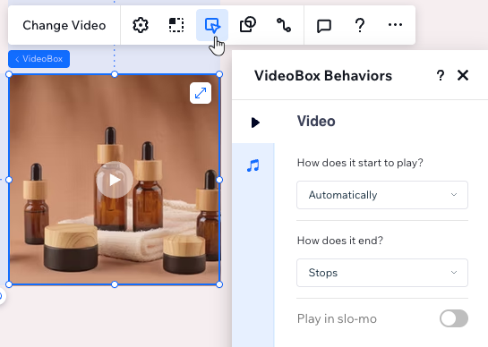 A VideoBox on the Studio Editor canvas next to the behaviors panel