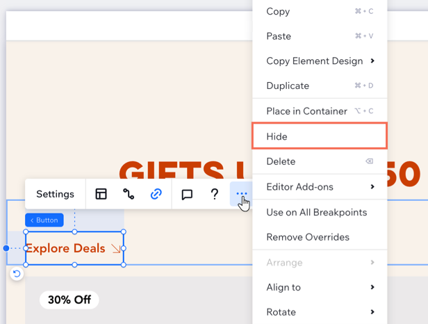 Ocultando um botão do breakpoint para tablet no Editor do Wix Studio