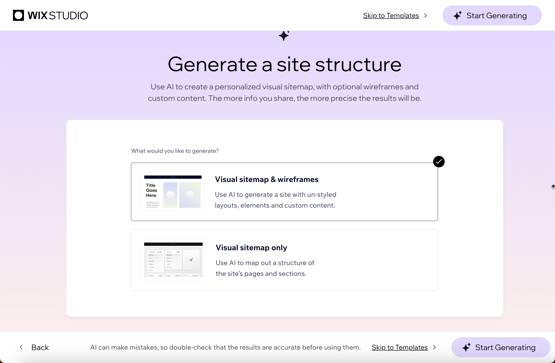 The screen where you choose between a visual sitemap only or a visual sitemap and wireframes