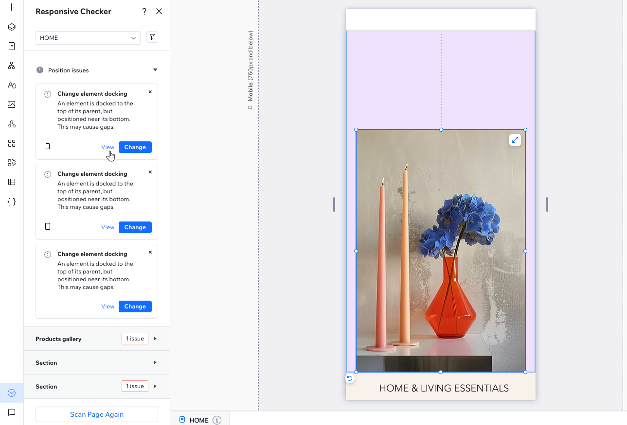 Een screenshot van de Responsive Checker in de Studio Editor, met open en opgeloste problemen