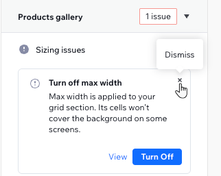 Een screenshot van een probleem met de grootte dat is gevonden door de Responsive Checker, waarbij men het x-pictogram aanwijst om deze te sluiten