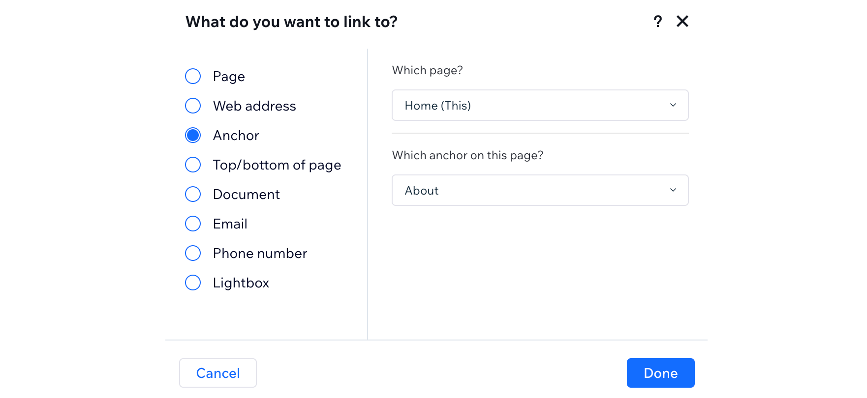 The panel that allows you to add a link to the menu in the Studio Editor