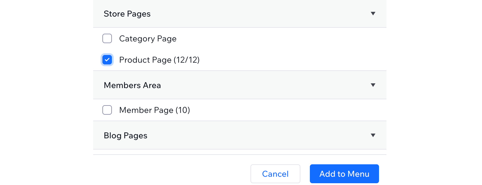 Selecting the product page item under store pages in the add site pages panel, to show all product pages on the menu