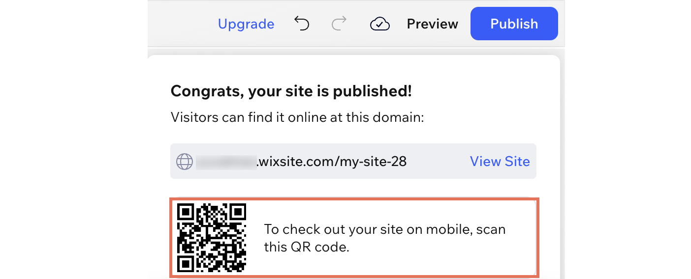 de pop-up die verschijnt bij het publiceren van je website, met de QR-code die je kunt scannen vanaf je mobiele apparaat