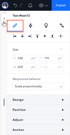 Screenshot della scheda Design nel pannello Ispezione, che mostra le opzioni disponibili per un elemento di testo