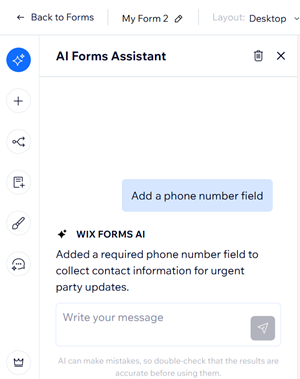 Converse com o assistente de formulários com IA para pedir que ele adicione um campo de número de telefone