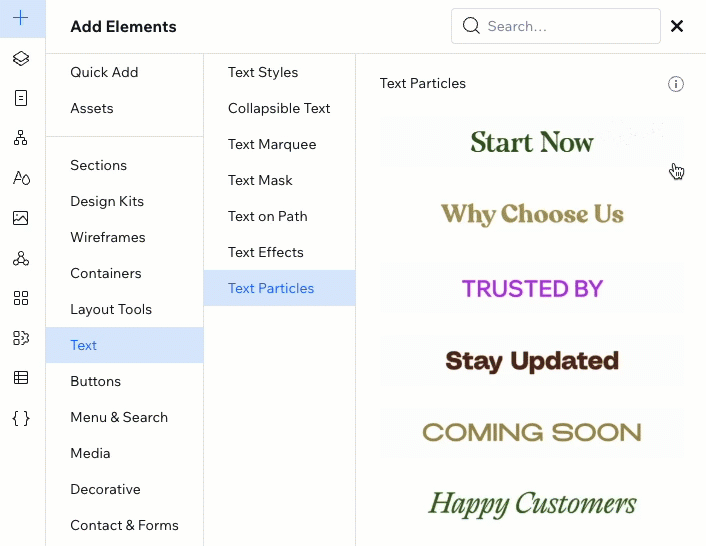 The text particles section in the Add Elements panel in the Studio Editor, hovering over the design to see the animation