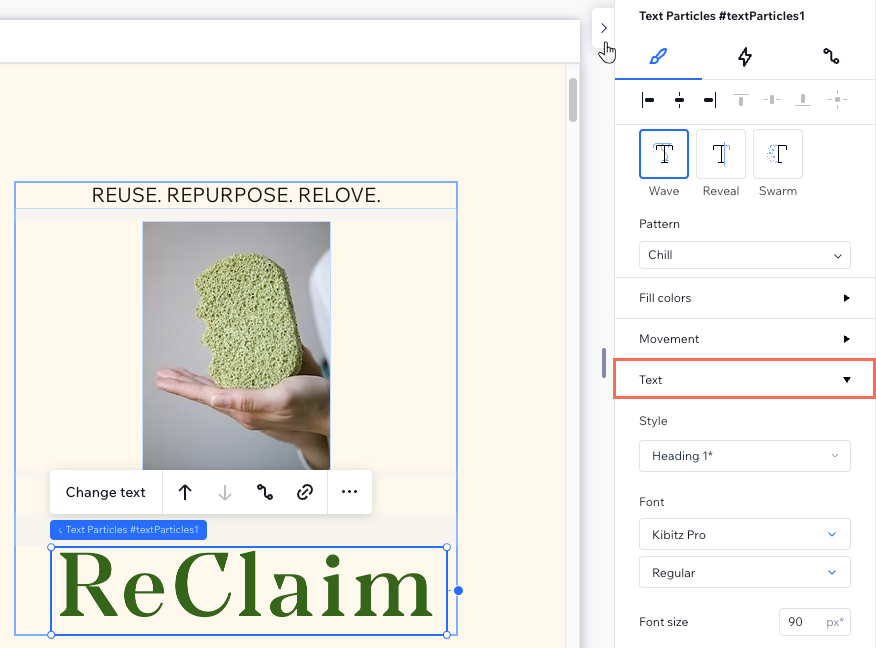 A text particles element on the canvas next to the text settings in the Inspector panel