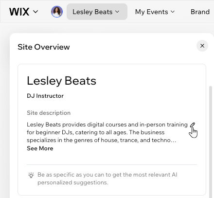 Het Websiteoverzicht-paneel in de Wix Harmony-editor. Klik om de websitebeschrijving te bewerken.