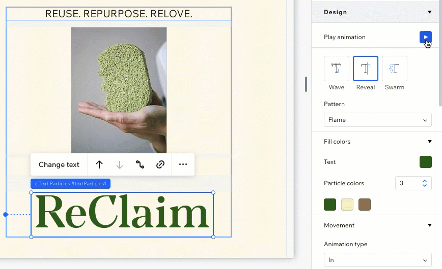 The text particles element on the canvas next to the Inspector panel, clicking to preview the animation