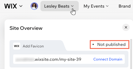 Het bovenste deel van het websiteoverzichtspaneel in de Wix Harmony-editor, met de URL, favicon en publicatiestatus