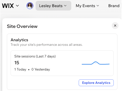 Het Websiteoverzicht-paneel in de Wix Harmony-editor, met het Analytics-gedeelte: