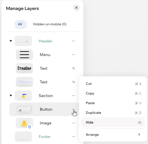 The Layers panel on the mobile view in Wix Harmony, clicking to hide a button from mobile.