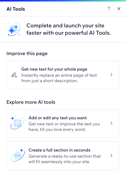 het AI-tools-paneel in de Wix Editor