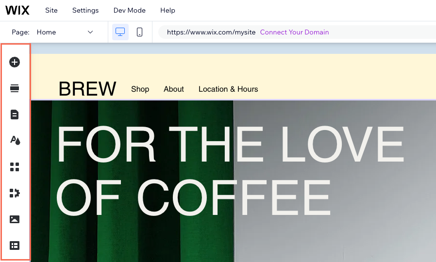 De Wix Editor, met de linkerzijpanelen gemarkeerd