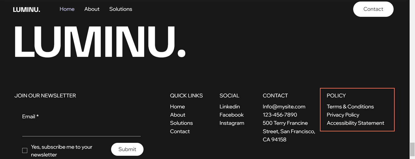 example of policy links in the site footer,