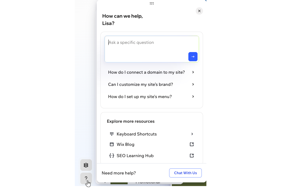The Help panel in the Wix Harmony Editor