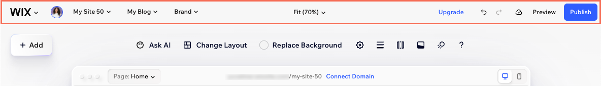 The top bar of the Wix Harmony Editor