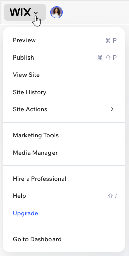 The quick actions menu that appears when clicking the Wix logo in the Wix Harmony Editor