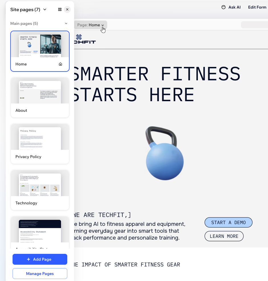 Cursor is clicking the current page name, Site Pages panel is open on the left side of the Wix Harmony Editor