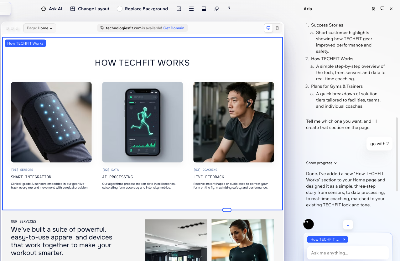 a section generated by AI, next to the chat with Aria that led to the section creation