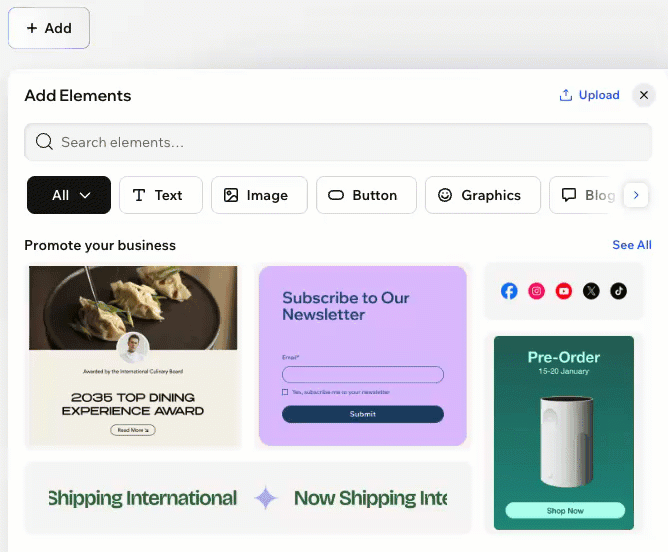 The Add Elements panel in the Wix Harmony Editor