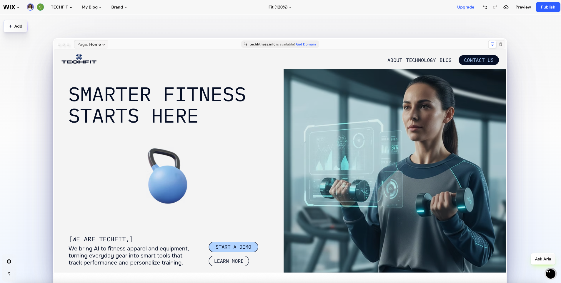 The Wix Harmony Editor when it first opens, showing a designed website