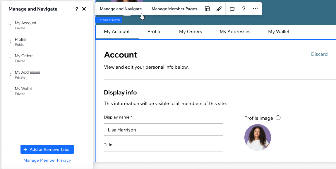 Il pannello Gestisci e naviga nella pagina membro nell'Editor Studio