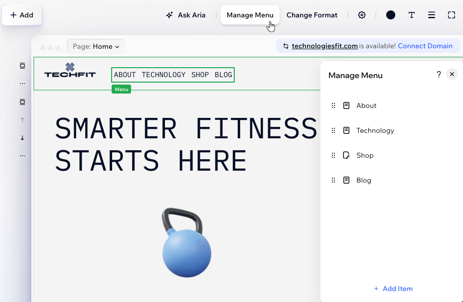 A site menu in Wix Harmony and the Manage Menu panel
