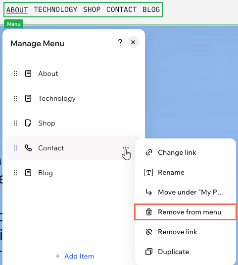A site menu in the Wix Harmony Editor and the Manage Menu panel, clicking next to an item to remove it