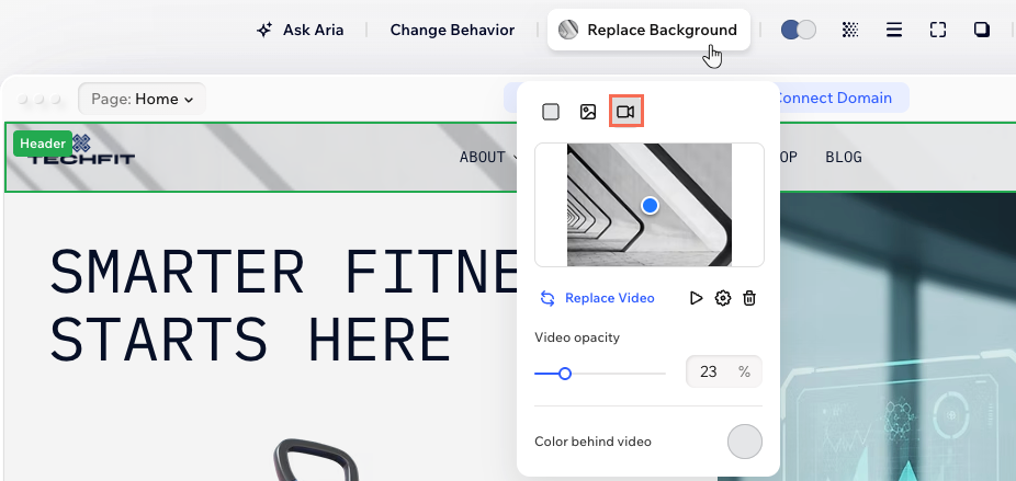 A site header, clicking Replace Background on the action bar and setting up a video background