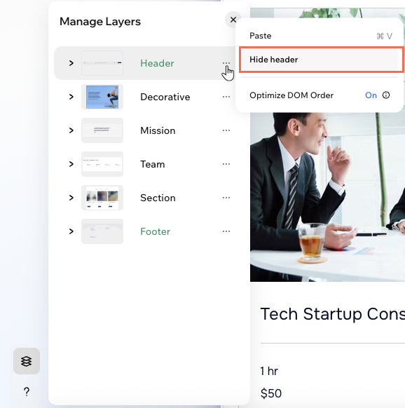 The Layers panel in the Wix Harmony Editor, clicking next to the header to hide it from the page
