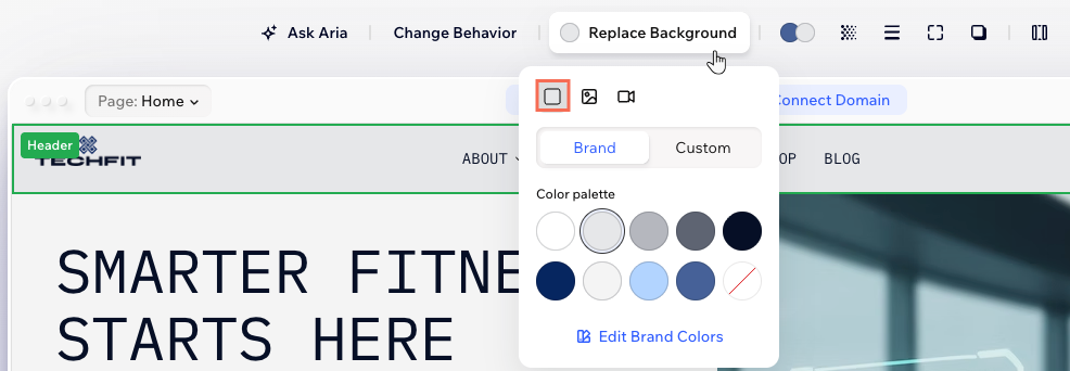 A site header, clicking Replace Background on the action bar and selecting a color