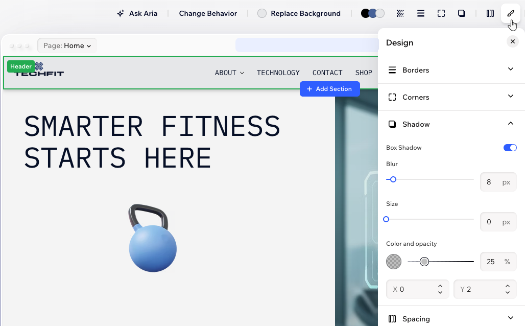 A site header and the Design panel open, defining shadow for the header