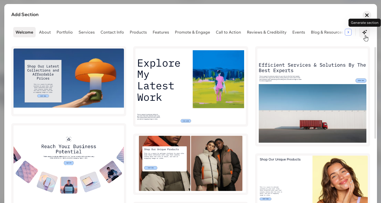 The Add Section panel in Wix Harmony, showing designed sections and and hovering over the option to generate with AI