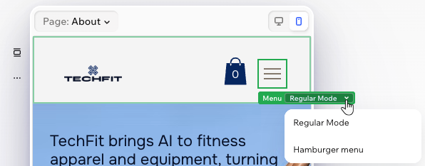 Clicking the Regular Mode dropdown next to a hamburger menu icon on mobile view in the Wix Harmony Editor