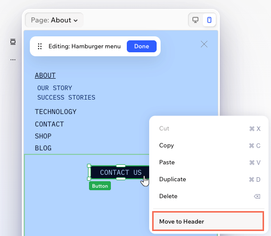 A hamburger menu on the mobile view of a Wix Harmony site, right-clicking a button to move it back to the header