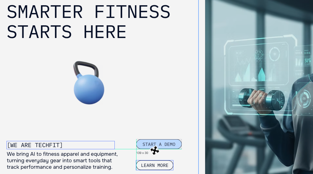 Dragging a button in the Wix Harmony Editor, revealing the design guides and element sizes in pixels