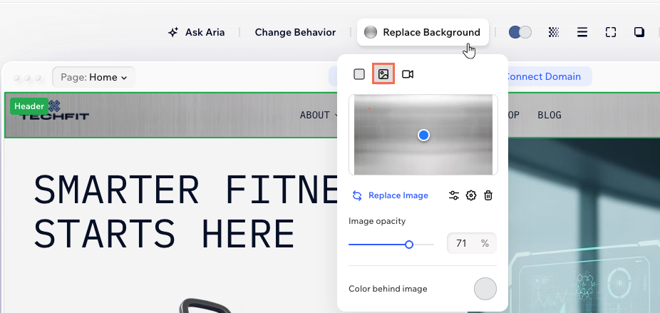 A site header, clicking Replace Background on the action bar and setting up a video background