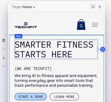 Selecting a text element in the mobile view of the Wix Harmony Editor, showing it's customizable