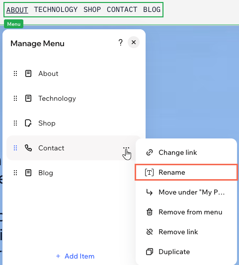 A site menu in Wix Harmony and the Manage Menu panel, clicking next to an item to rename it