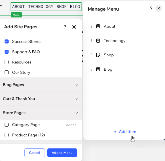 A site menu in Wix Harmony, the Manage Menu panel and the Add Site Pages panel