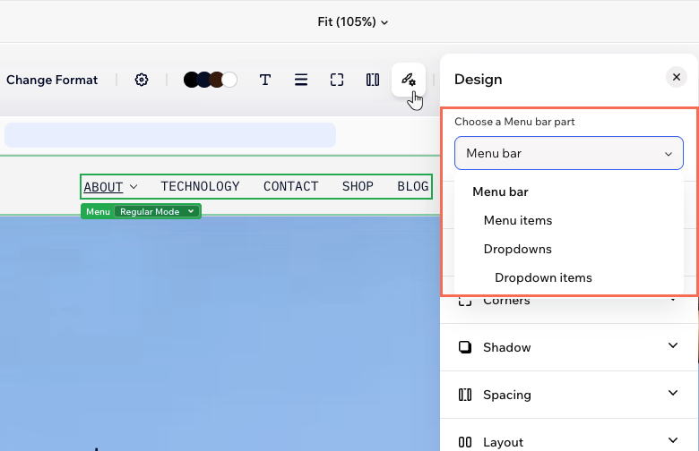 A site menu in Wix Harmony and the Design panel, highlighting the dropdown where you select a part to design