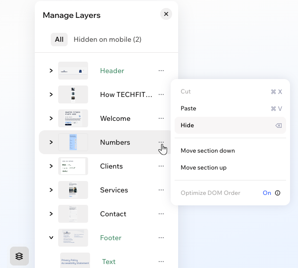 The Layers panel on the mobile view in Wix Harmony, clicking to hide a section from mobile.